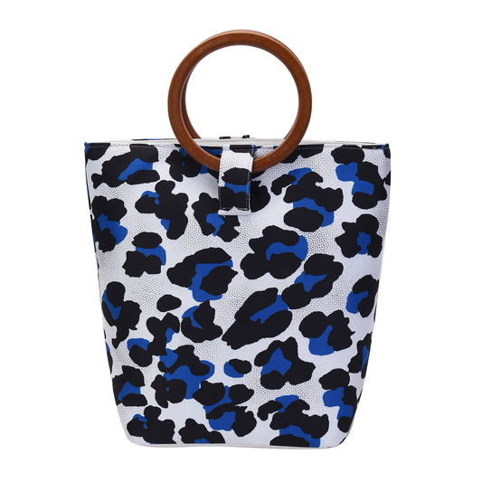 Blue, White and Black Leopard Skin Print Tote Bag with Wooden Handle