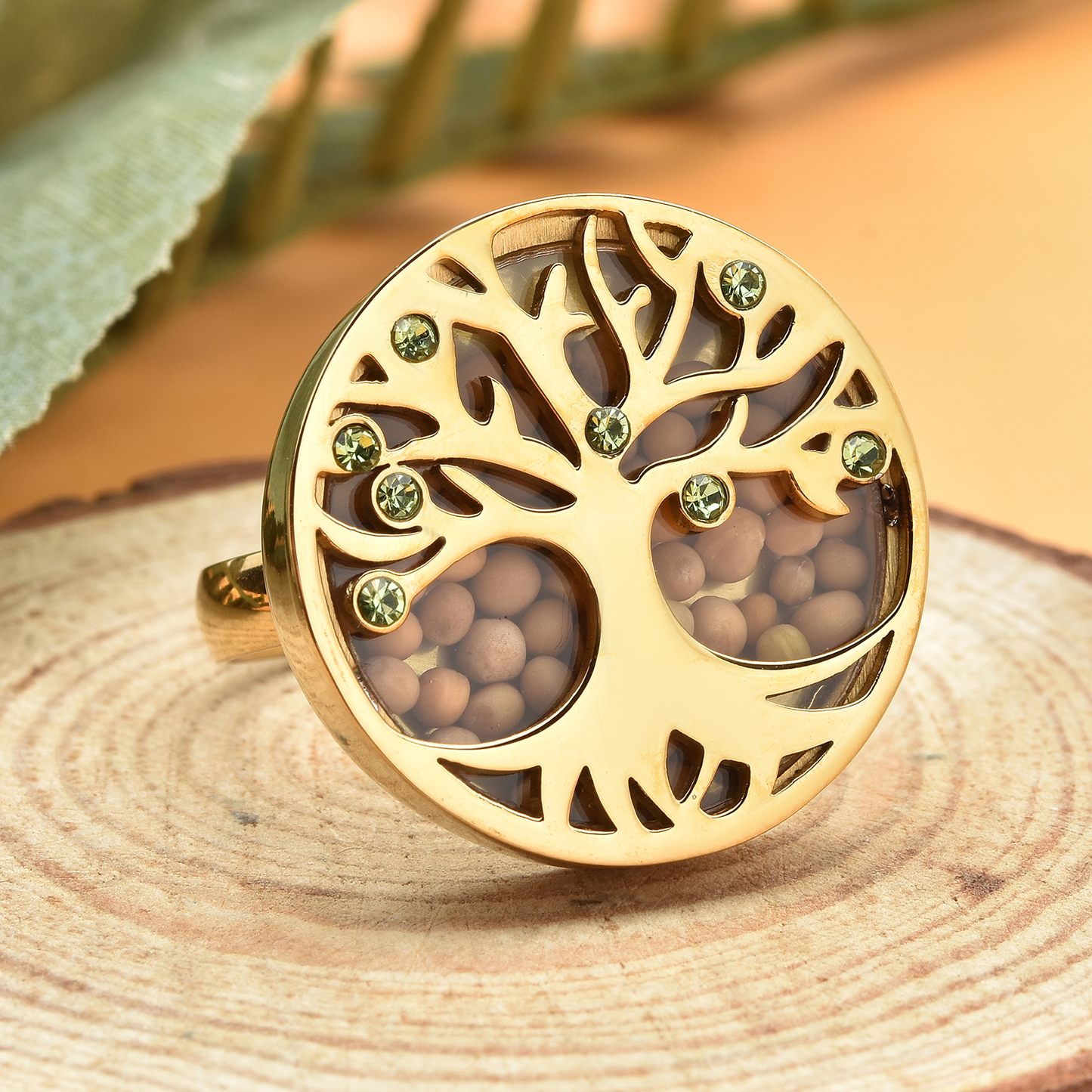 Simulated Green Diamond and Mustard Seed Tree of Life Ring in Gold