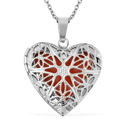 Red Resin Openable Heart Pendant Necklace 20 Inches in Stainless Steel
