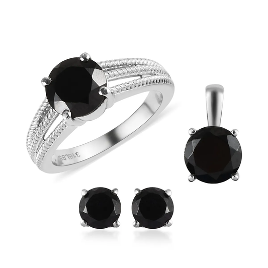 Thai Black Spinel Solitaire Ring, Pendant, and Erring set