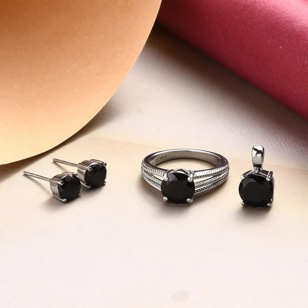 Thai Black Spinel Solitaire Ring, Pendant, and Erring set
