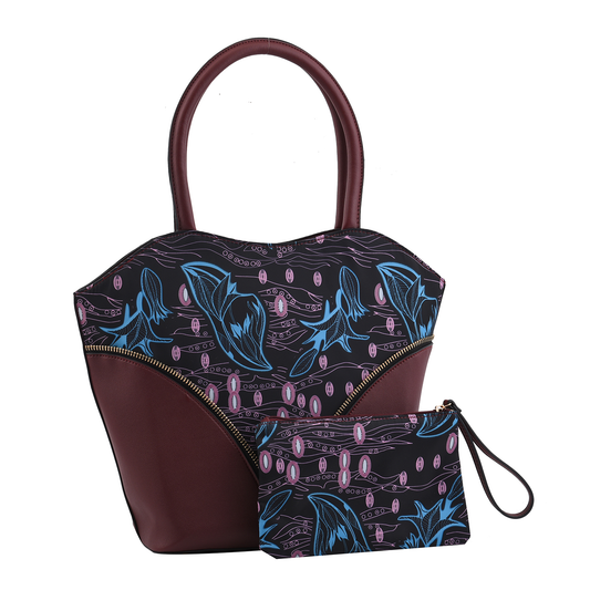 Wine Red and Floral Faux Leather Tote Bag and Clutch