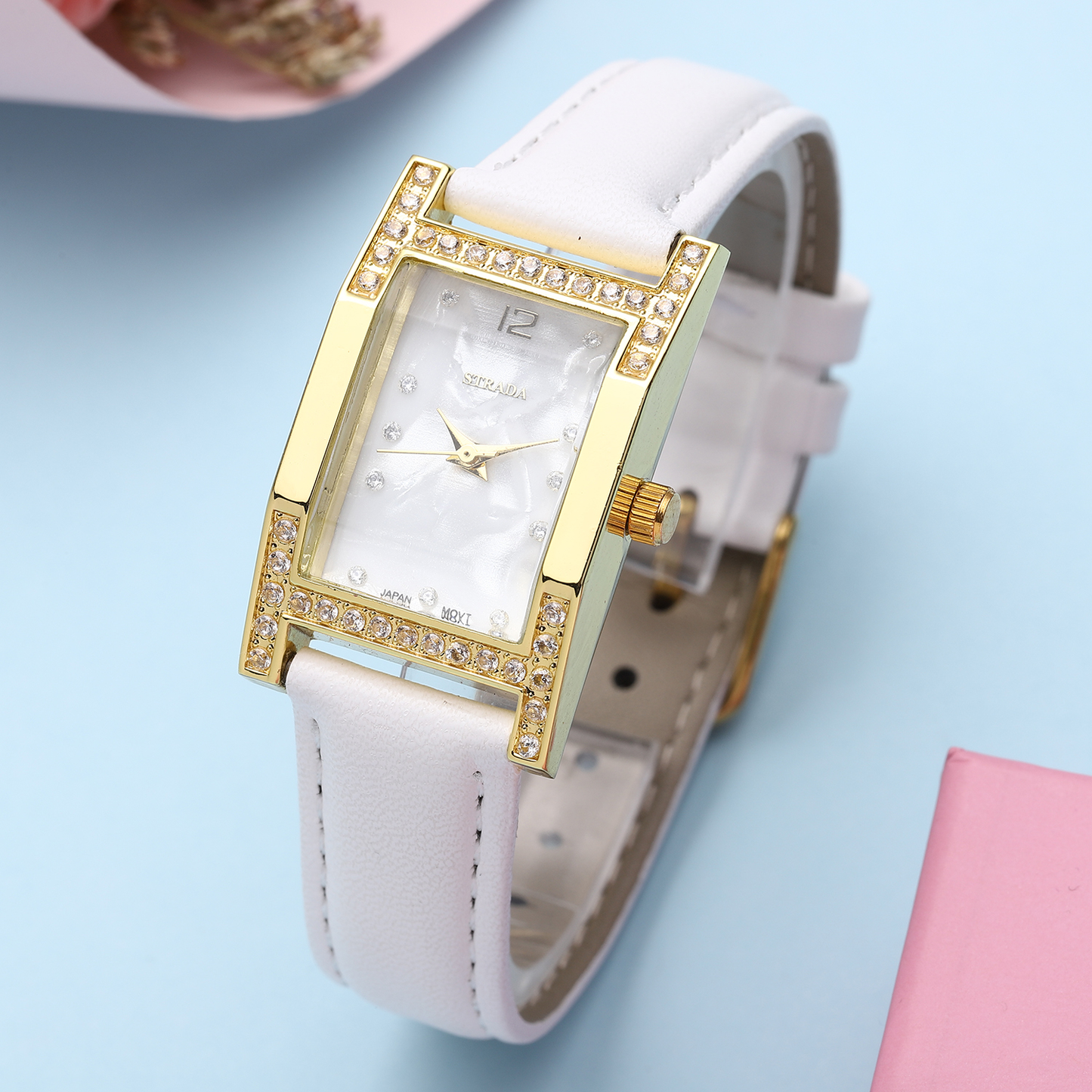 Simulated Diamond Watch with White Vegan Leather Strap